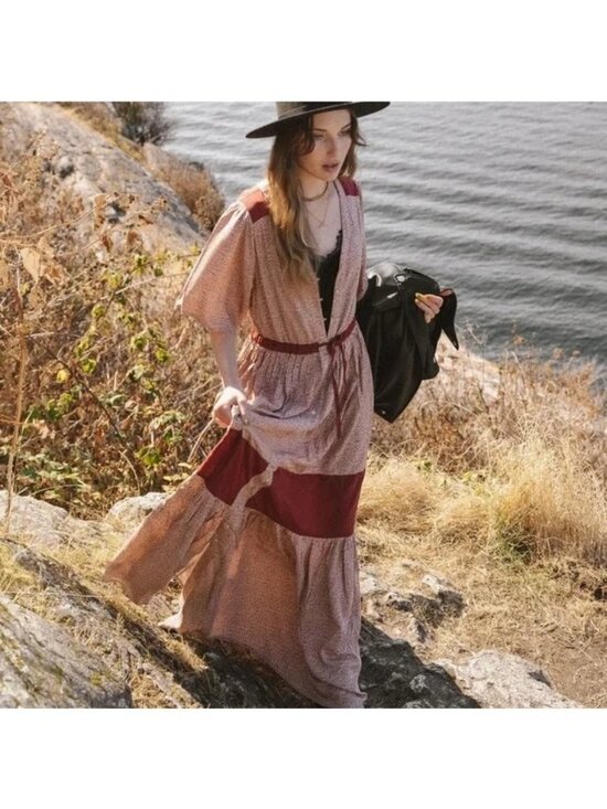 Jackson Rowe Dresses & Skirts - Jackson Rowe Red & Beige Patterned Maxi Dress With Button Front & Tie Waist